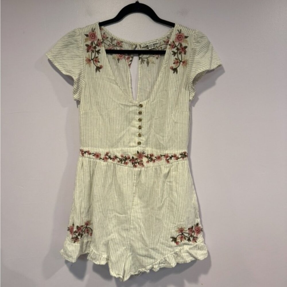 American Eagle white stripe embroidered floral romper